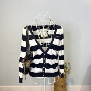 vintage y2k navy striped hollister tight cardigan v neck sweater top